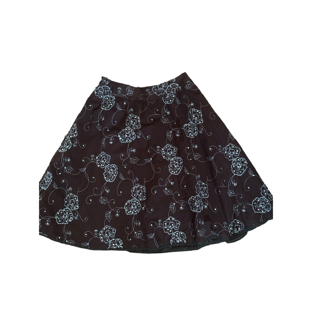 Brown Floral Embroidered Sequin A-Line Midi Skirt with Lace Trim Boho Womens